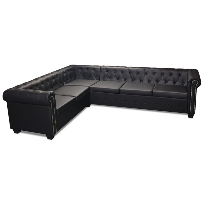 vidaXL Καναπές Γωνιακός Εξαθέσιος Chesterfield Μαύρος Συνθετικό Δέρμα