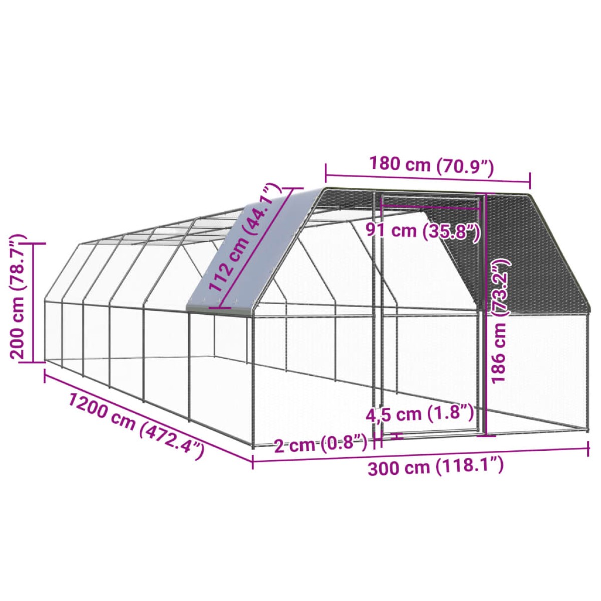 vidaXL Κοτέτσι - Κλουβί Εξωτ. Χώρου 3x12x2 μ. από Γαλβανισμένο Χάλυβα