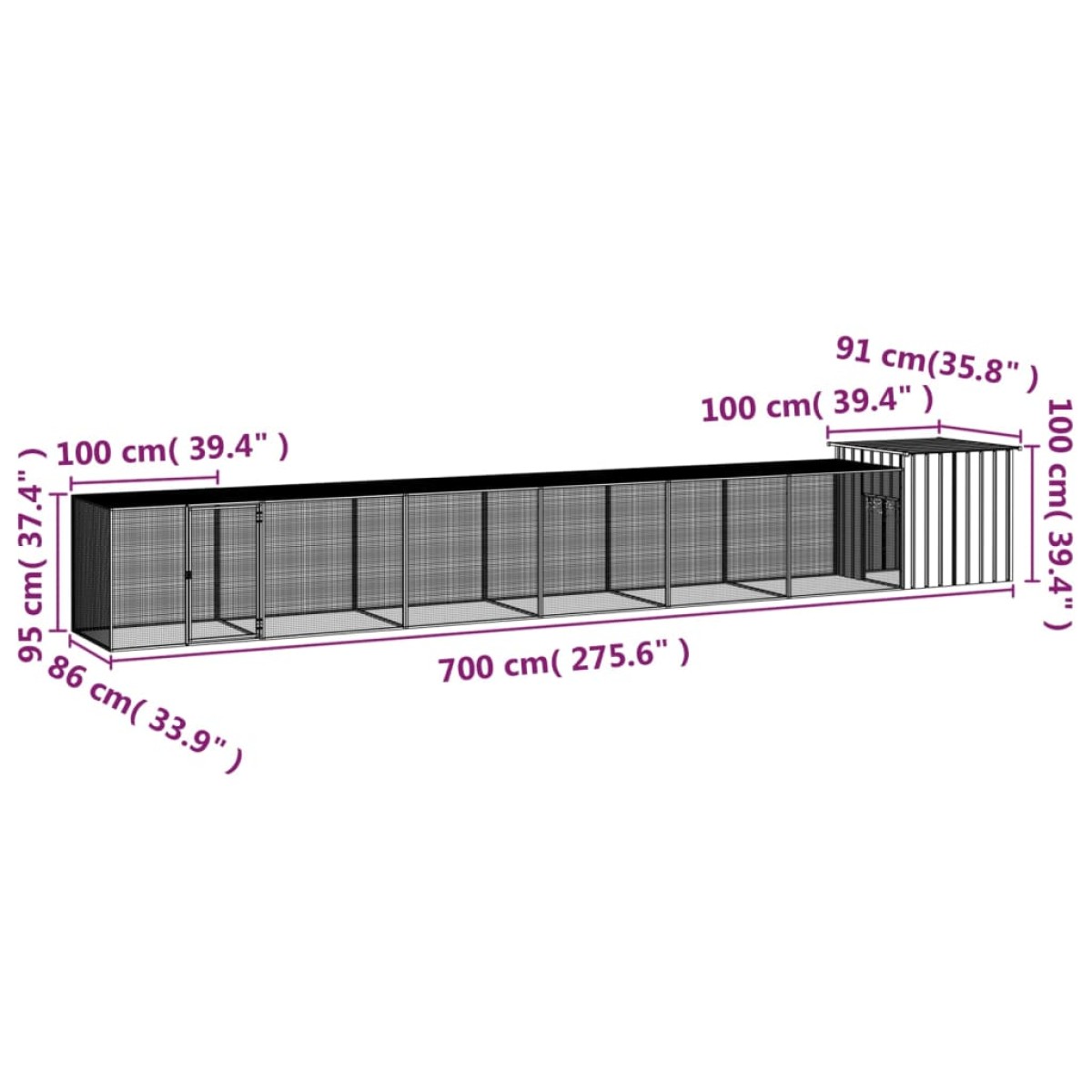 vidaXL Κοτέτσι - Κλουβί Γκρι 700x91x100 εκ. από Γαλβανισμένο Χάλυβα