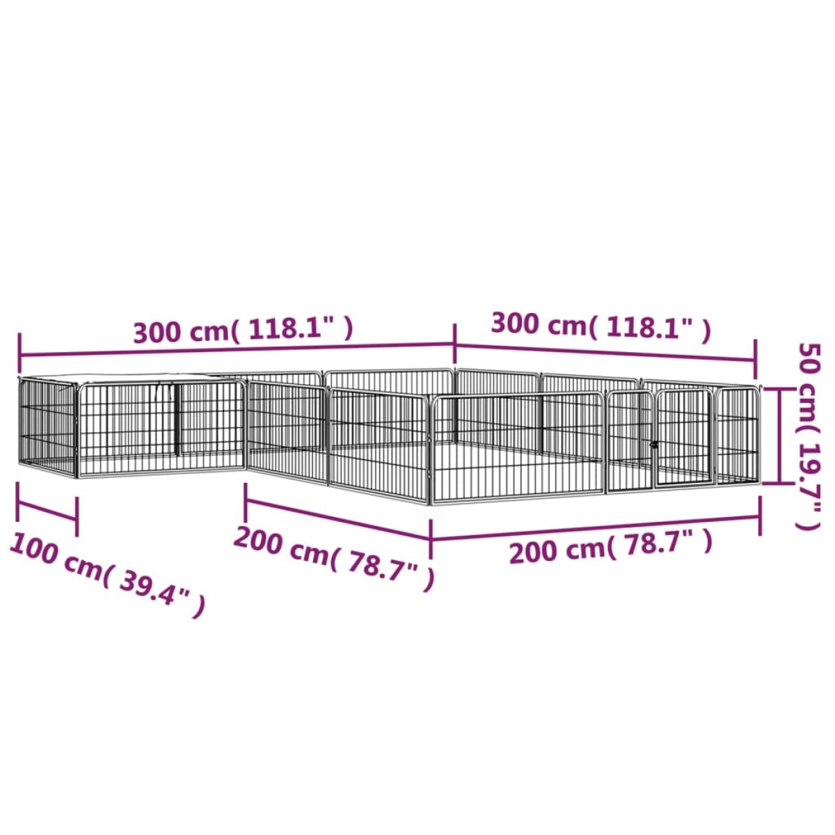vidaXL Παρκοκρέβατο Σκύλου 12 Πάνελ Μαύρο 100x50εκ Ατσάλι Βαφή Πούδρας