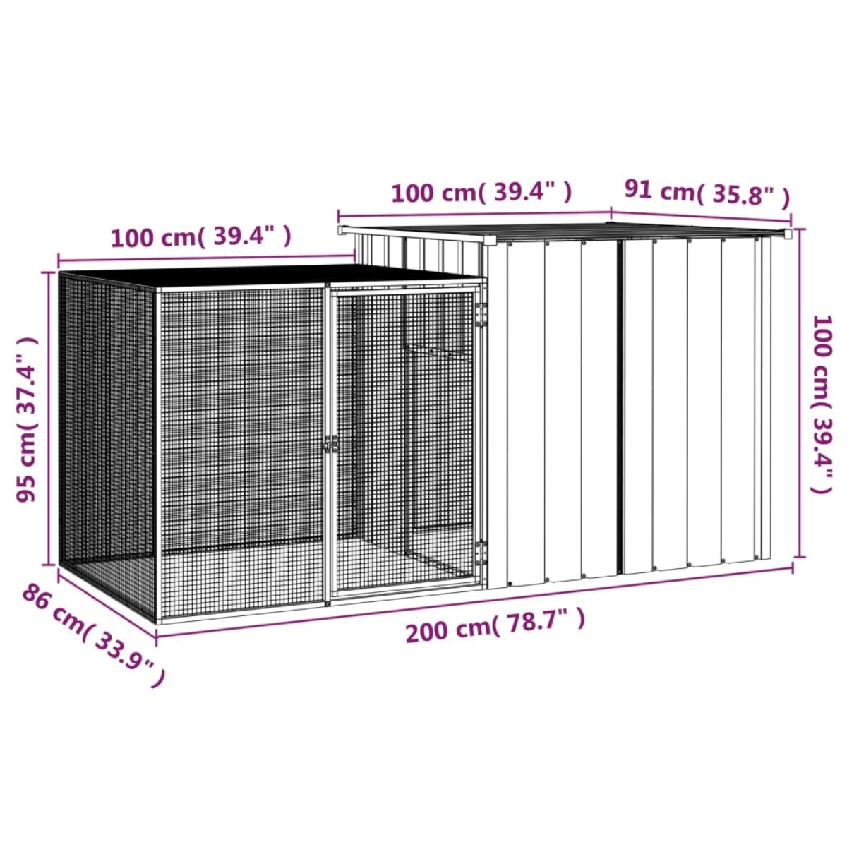 vidaXL Κλουβί Κουνελιών Γκρι 200x91x100 εκ. από Γαλβανισμένο Χάλυβα