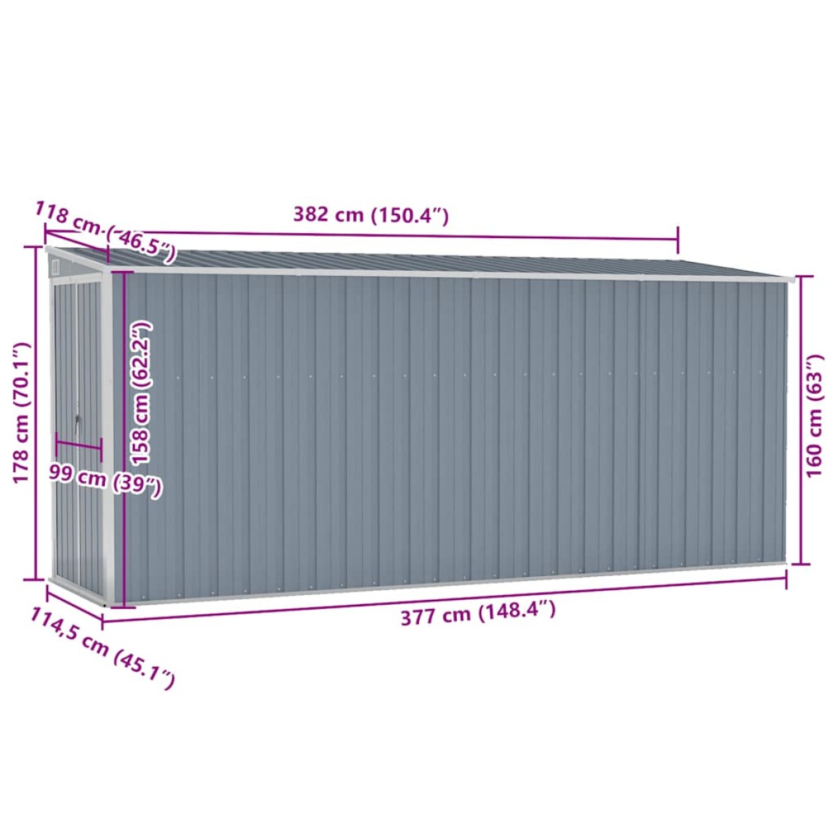 vidaXL Αποθήκη Κήπου Επιτοίχια Γκρι 118x382x178 εκ από Γαλβ. Ατσάλι