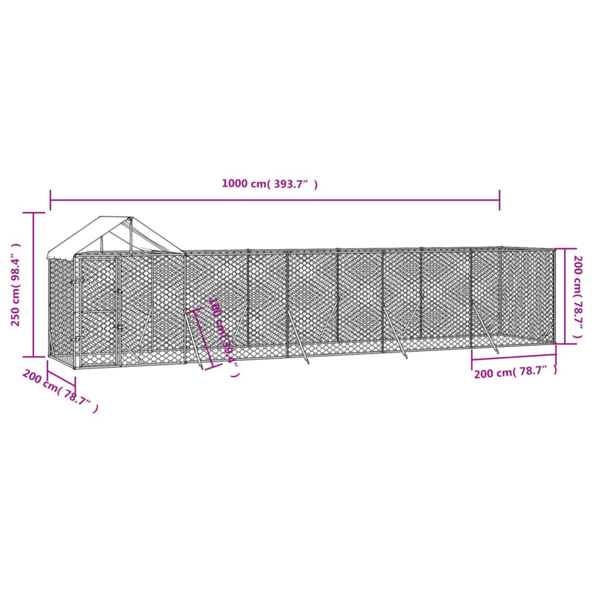 vidaXL Κλουβί Σκύλου Εξ. Χώρου με Οροφή Ασημί 10x2x2,5 μ. Γαλβ. Ατσάλι