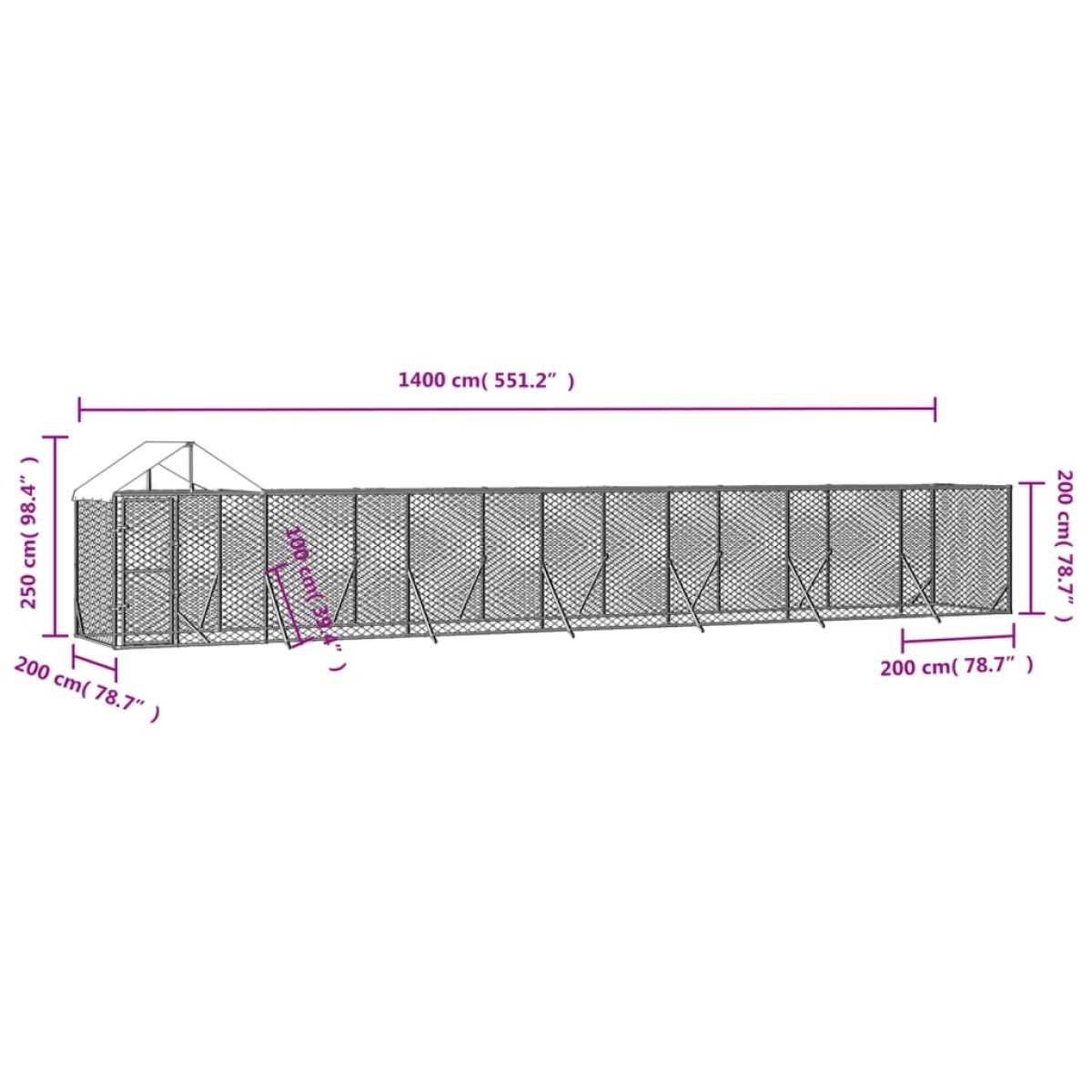 vidaXL Κλουβί Σκύλου Εξ. Χώρου με Οροφή Ασημί 14x2x2,5 μ. Γαλβ. Ατσάλι