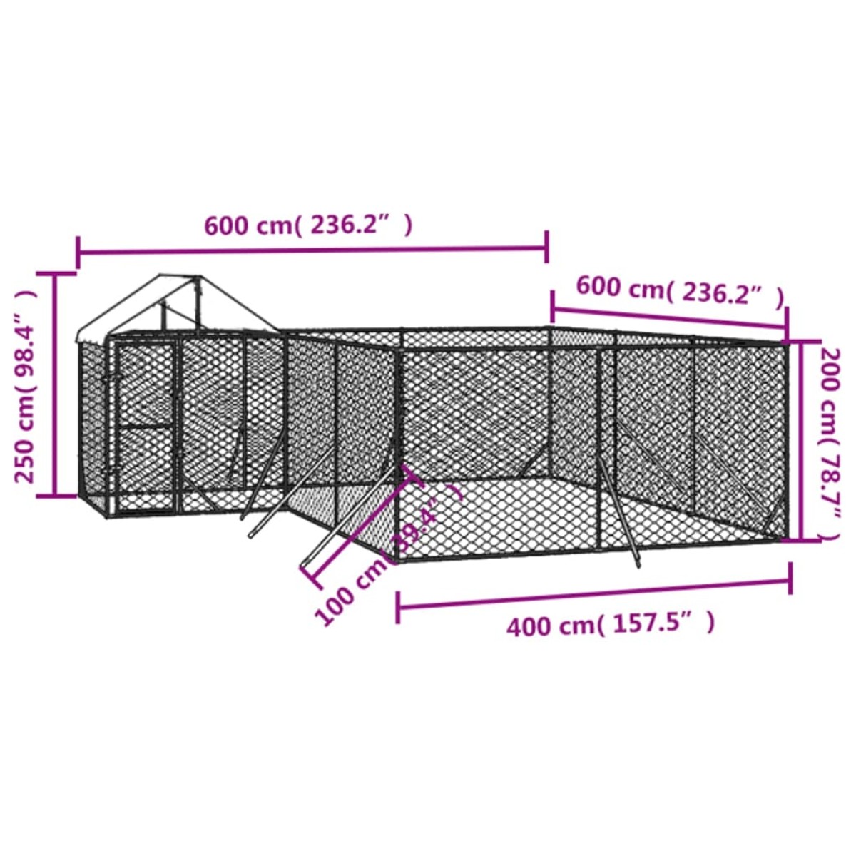 vidaXL Κλουβί Σκύλου Εξ. Χώρου με Οροφή Ασημί 6x6x2,5 μ. Γαλβ. Ατσάλι
