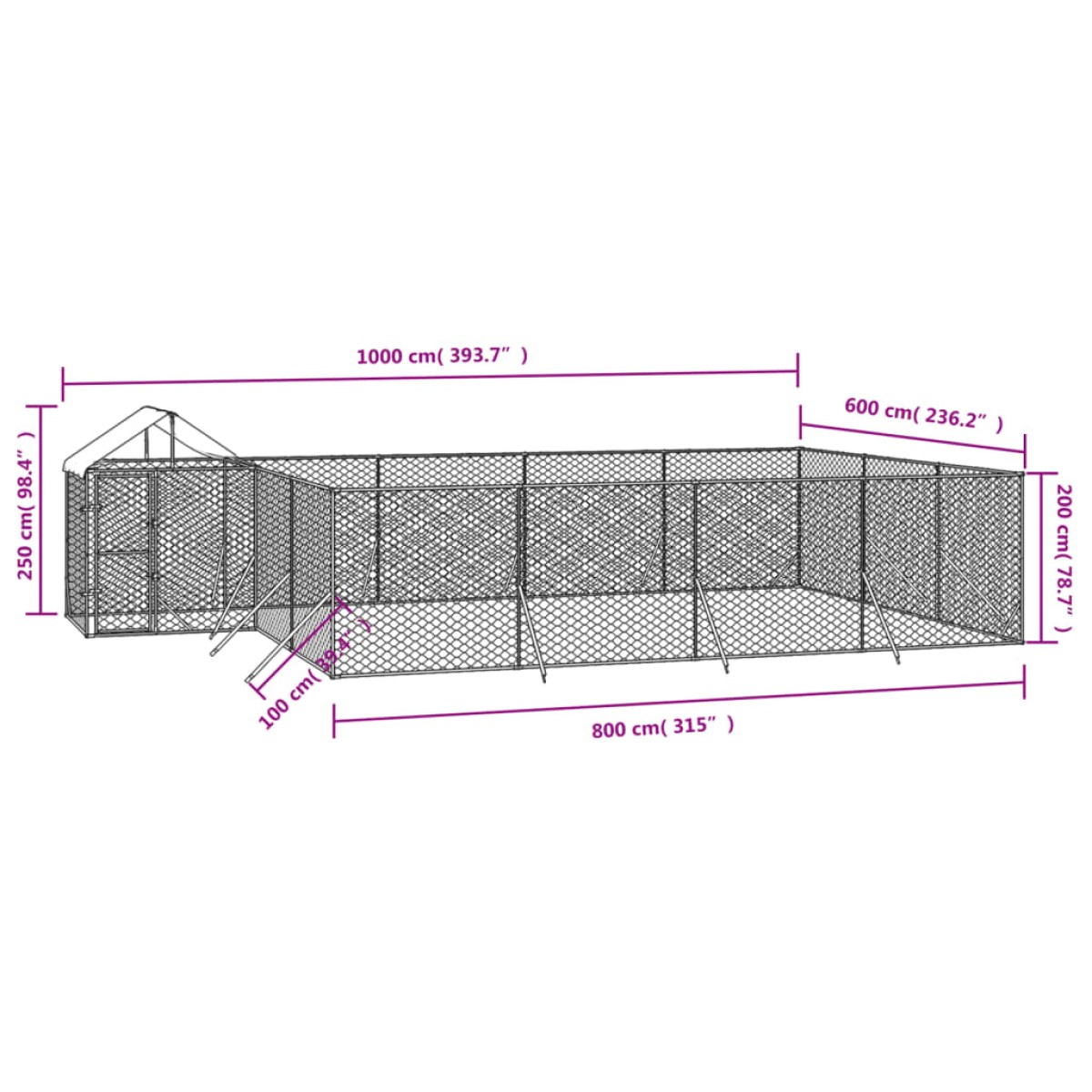 vidaXL Κλουβί Σκύλου Εξ. Χώρου με Οροφή Ασημί 10x6x2,5 μ. Γαλβ. Ατσάλι