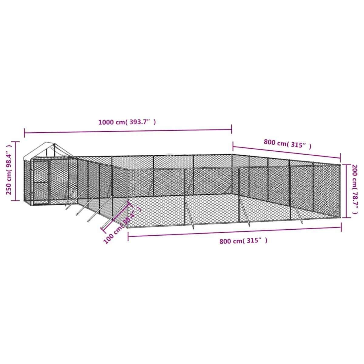 vidaXL Κλουβί Σκύλου Εξ. Χώρου με Οροφή Ασημί 10x8x2,5 μ. Γαλβ. Ατσάλι