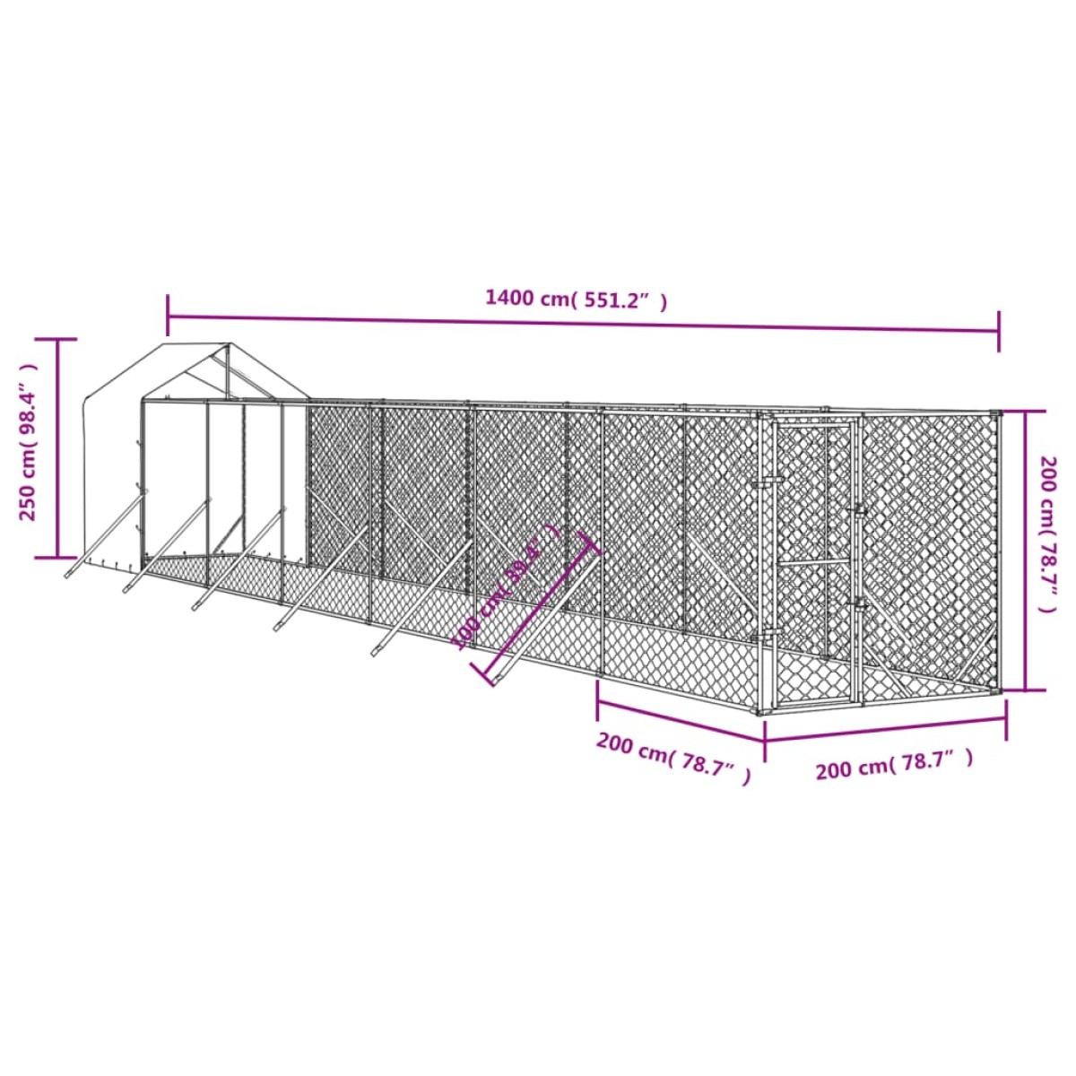 vidaXL Κλουβί Σκύλου Εξ. Χώρου με Οροφή Ασημί 2x14x2,5 μ. Γαλβ. Ατσάλι