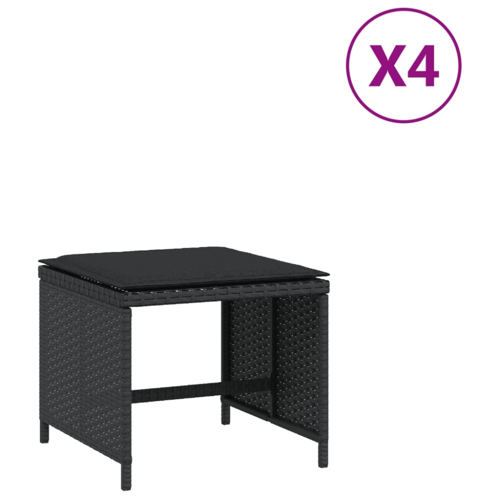 vidaXL Σκαμπό Κήπου 4 τεμ. Μαύρα 41x41x36 Συνθετικό Ρατάν με Μαξιλάρια
