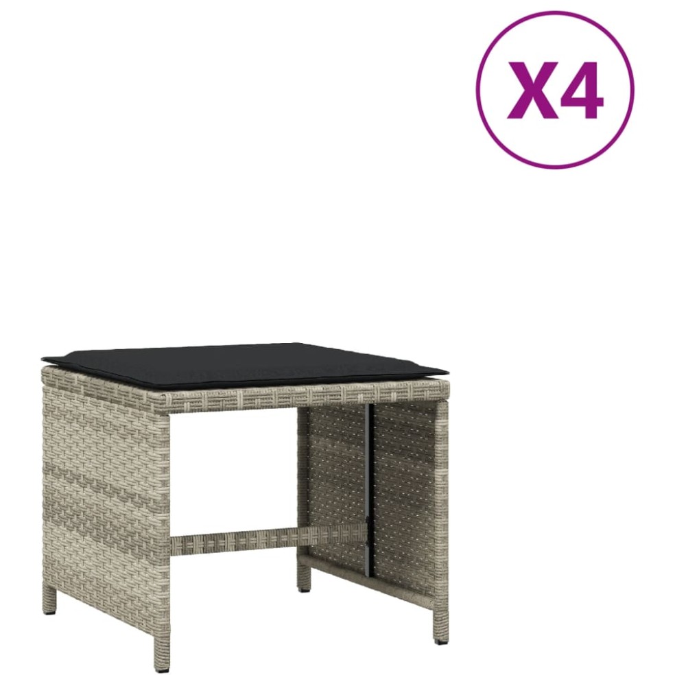 vidaXL Σκαμπό Κήπου 4 τεμ. Αν. Γκρι 41x41x36 εκ. Συνθ. Ρατάν Μαξιλάρια