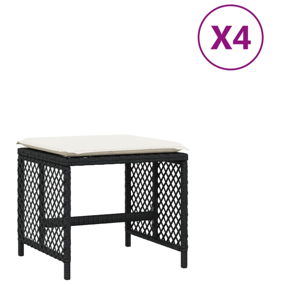 vidaXL Σκαμπό Κήπου 4 τεμ. Μαύρα 41x41x36 Συνθετικό Ρατάν με Μαξιλάρια