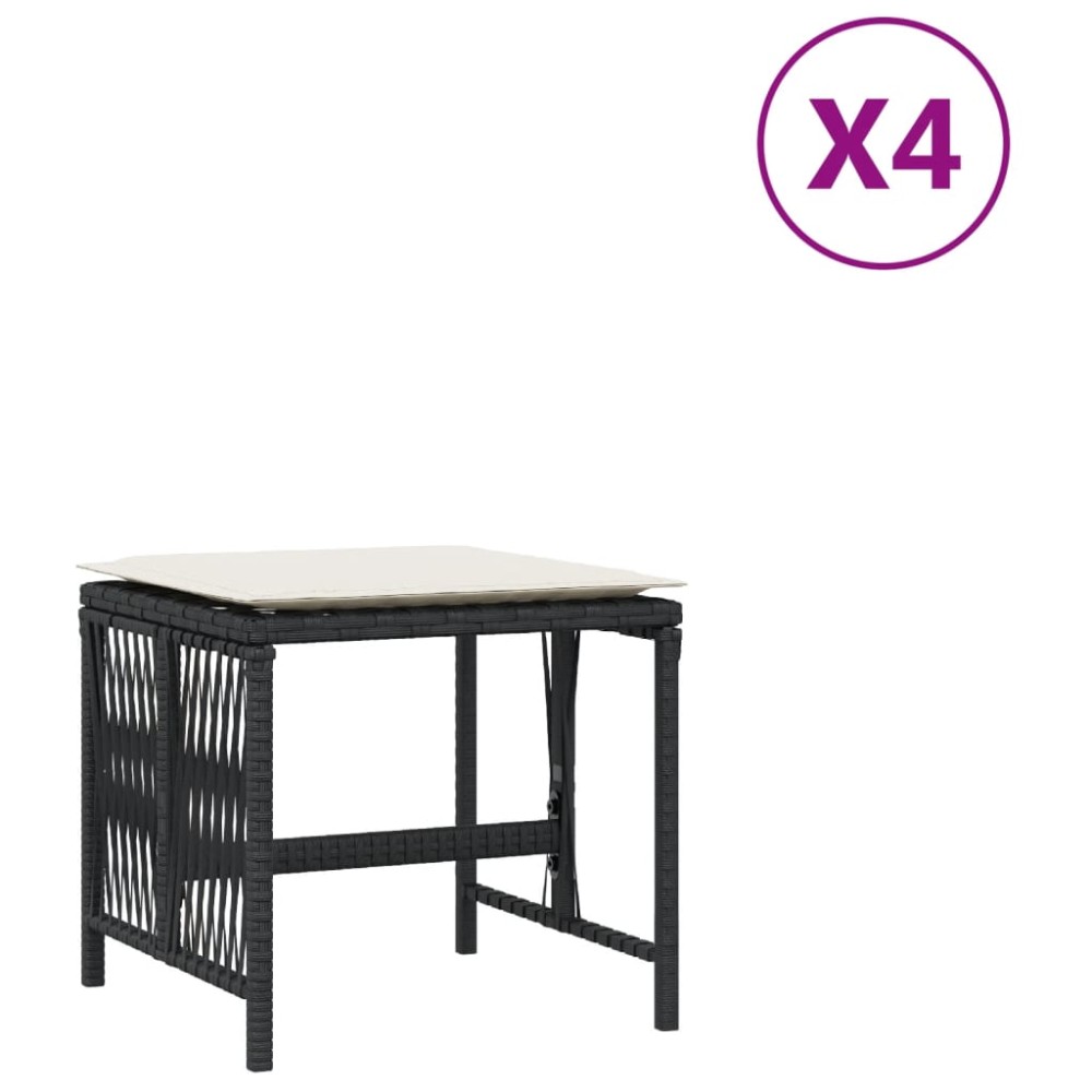 vidaXL Σκαμπό Κήπου 4 τεμ. Μαύρα 41x41x36 Συνθετικό Ρατάν με Μαξιλάρια