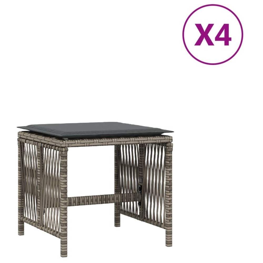 vidaXL Σκαμπό Κήπου 4 τεμ. Γκρι 41x41x36 Συνθετικό Ρατάν με Μαξιλάρια
