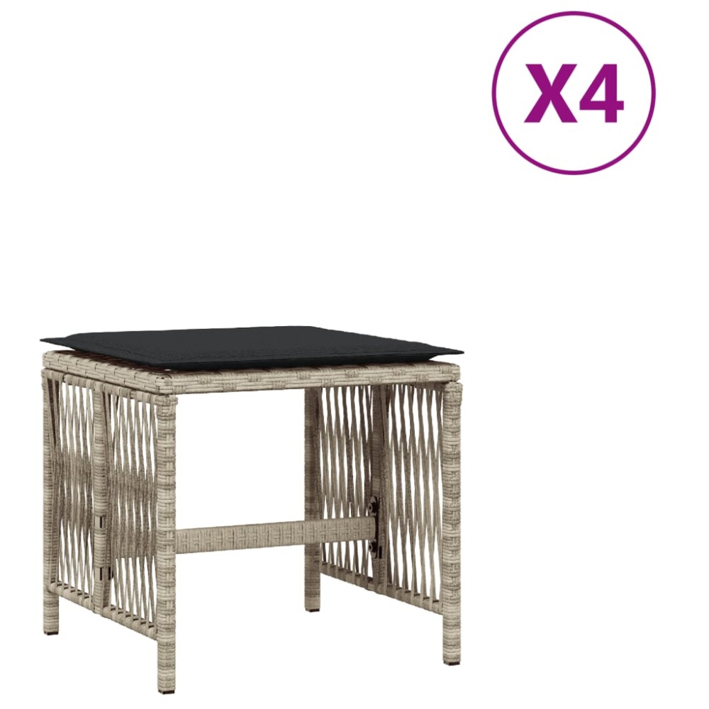 vidaXL Σκαμπό Κήπου 4 τεμ. Αν. Γκρι 41x41x36 εκ. Συνθ. Ρατάν Μαξιλάρια
