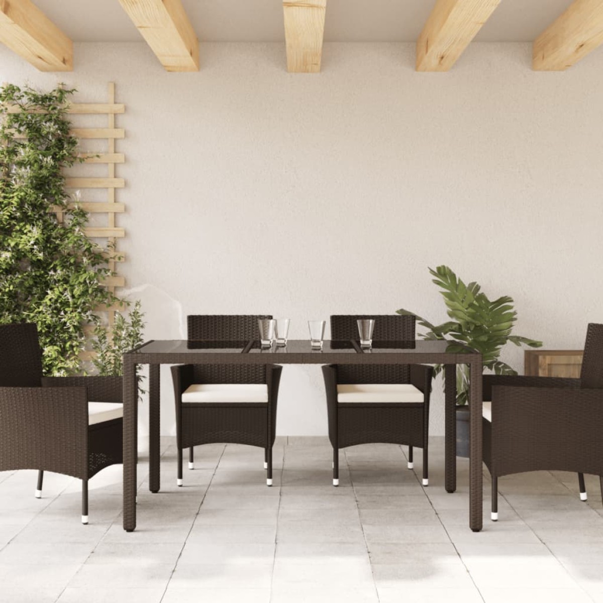 vidaXL Τραπέζι Κήπου με Γυάλινη Επιφάνεια Καφέ 150x90x75εκ Συνθ Ρατάν