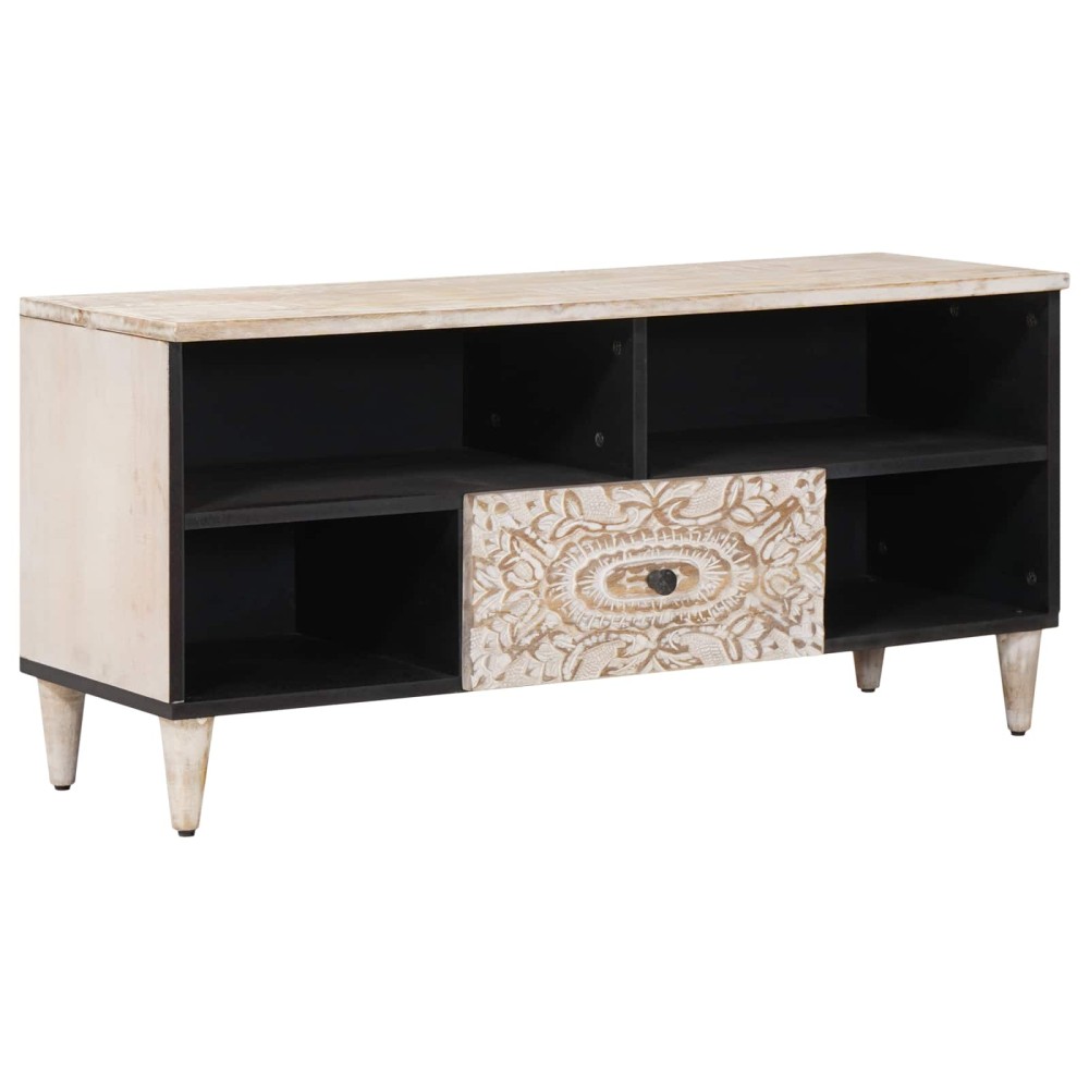 vidaXL Ντουλάπι TV με ράφι Λευκό 100 x 33,5 x 46 εκ Στερεό ξύλο μάνγκο