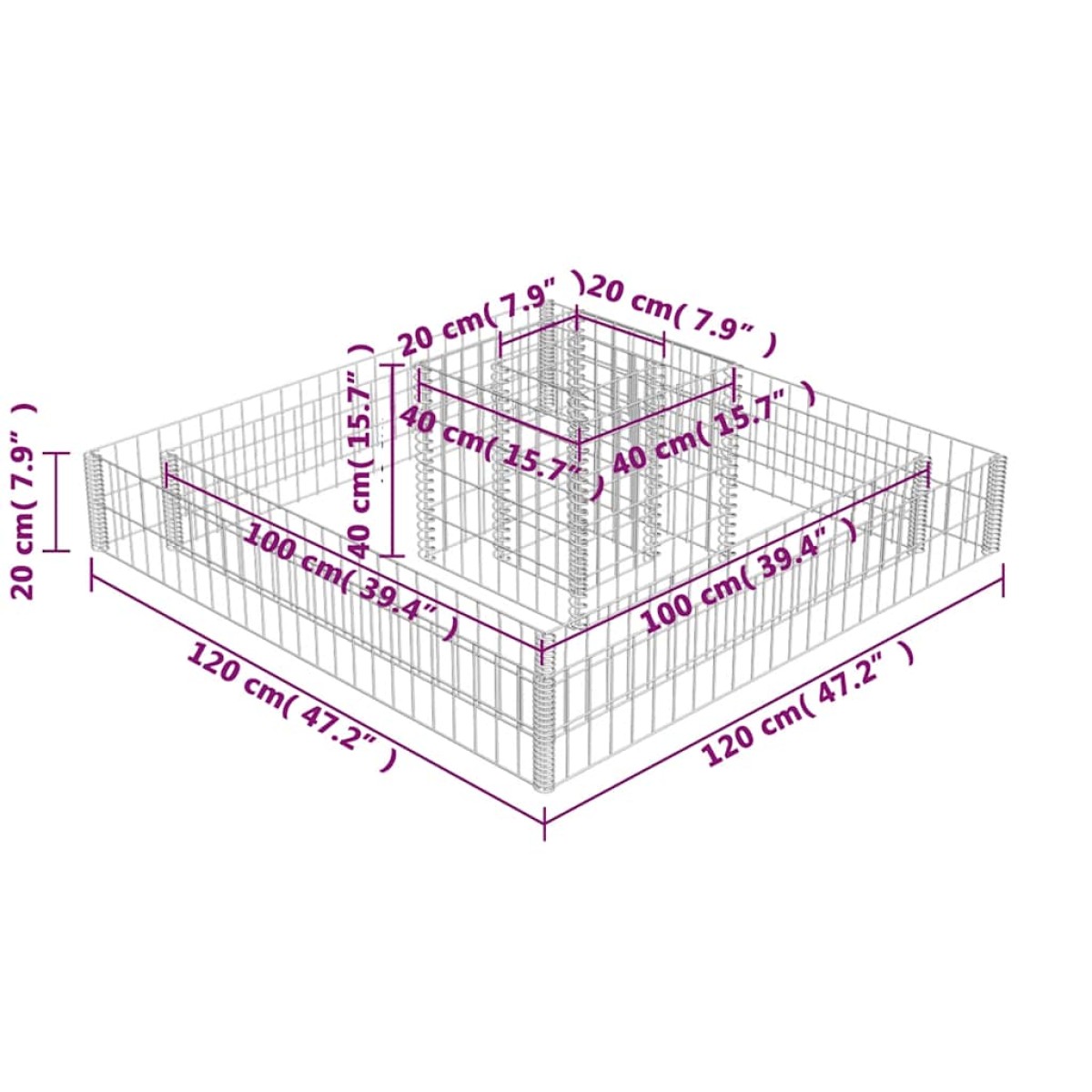 vidaXL Συρματοκιβώτιο Γλάστρα 120 x 120 x 20 εκ. Γαλβανισμένος Χάλυβας