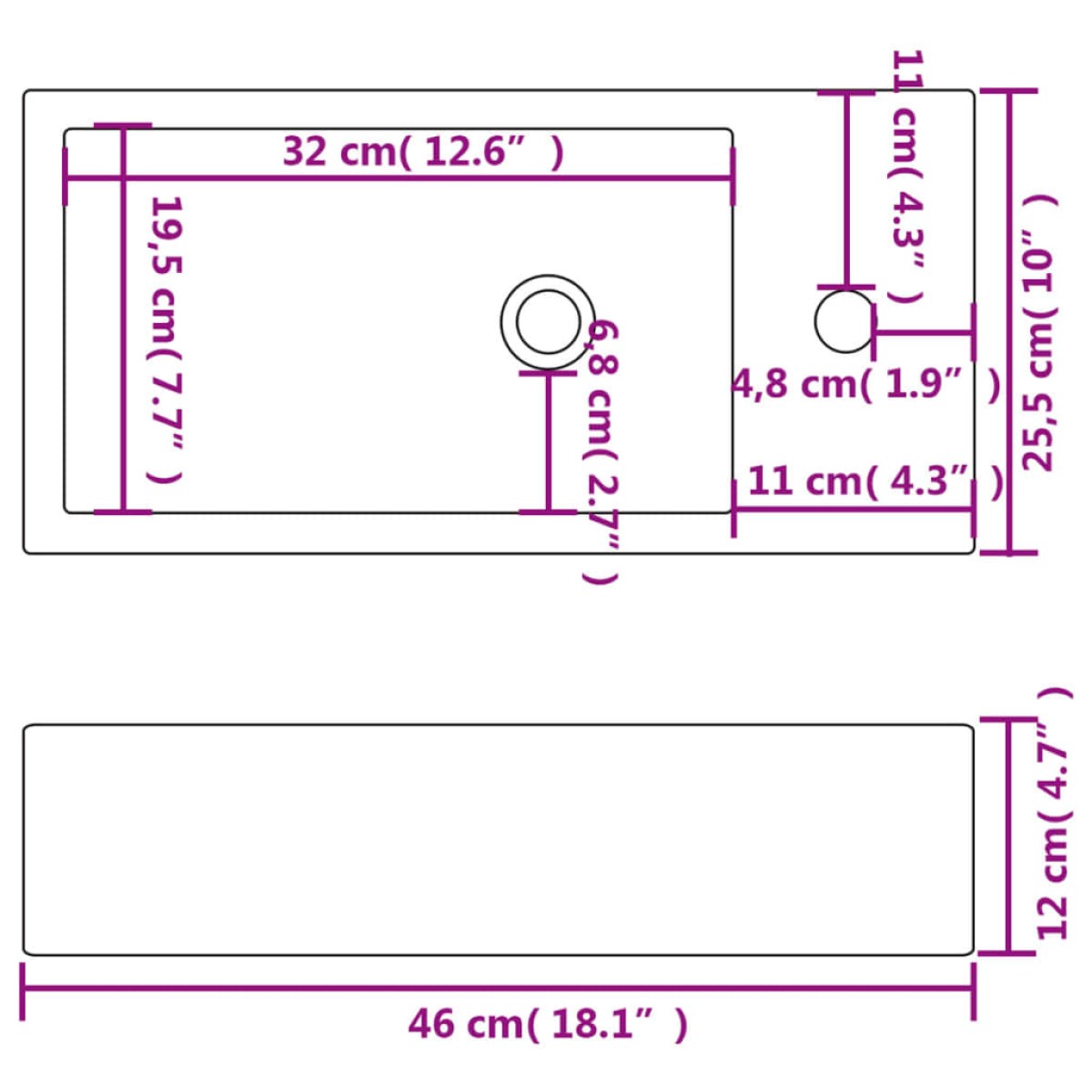 vidaXL Νιπτήρας Ορθογώνιος Οπή Βρύσης Λευκός 46x25,5x12 εκ. Κεραμικός