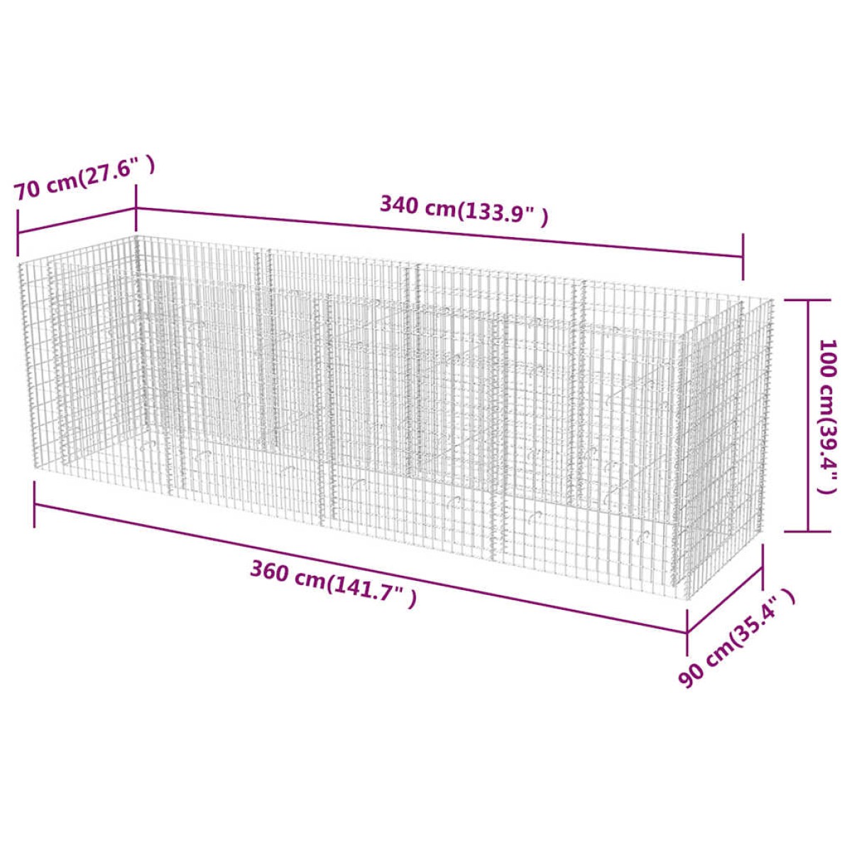 vidaXL Συρματοκιβώτιο - Γλάστρα Υπερυψωμένη 360x90x100 εκ. Ατσάλινη