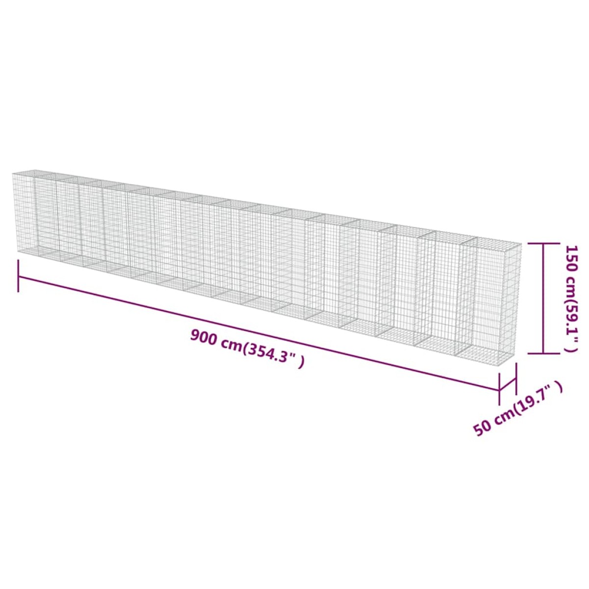 vidaXL Συρματοκιβώτιο Τοίχος 900x50x150 εκ. Γαλβαν.Χάλυβας + Καλύμματα