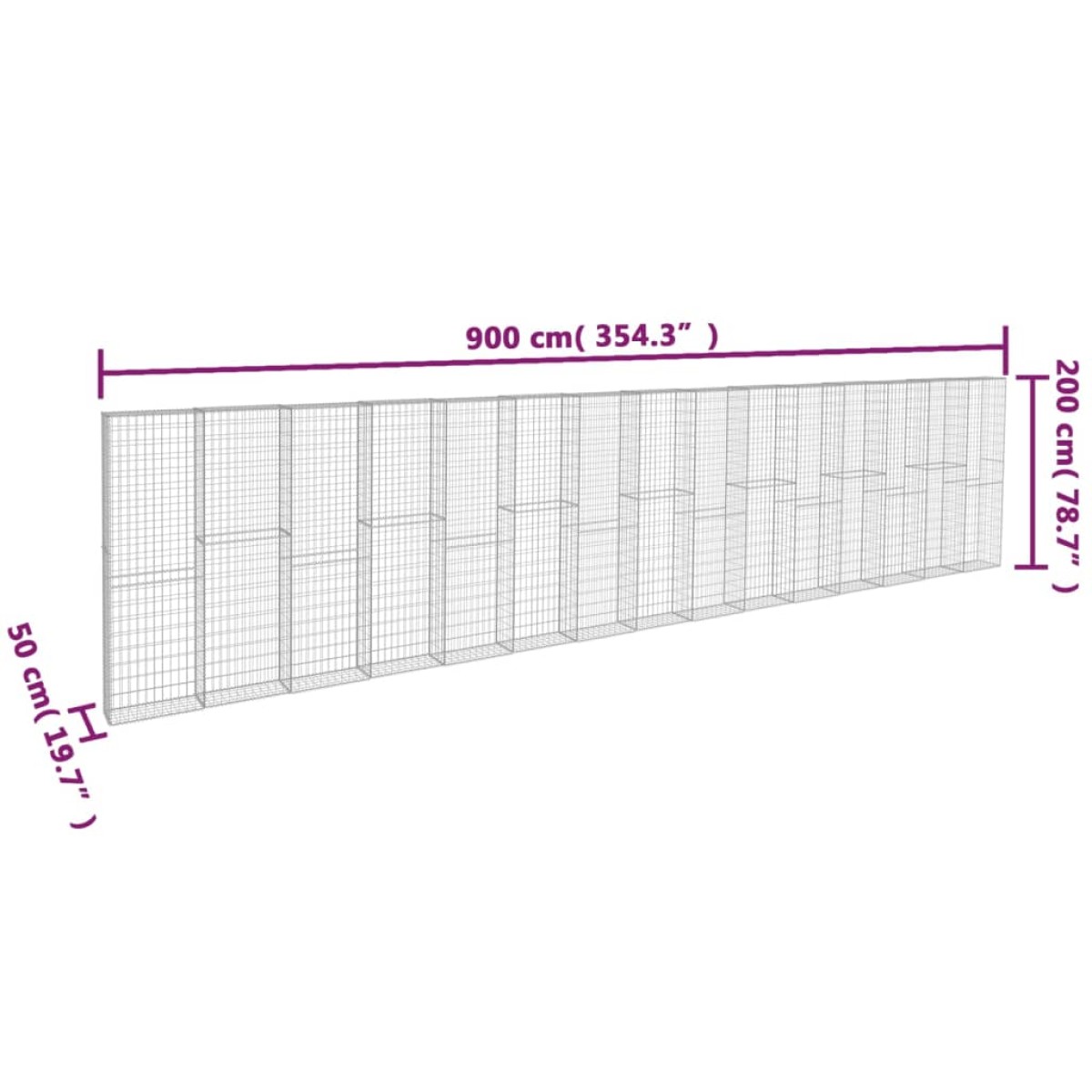 vidaXL Συρματοκιβώτιο Τοίχος 900x50x200 εκ. Γαλβαν.Χάλυβας + Καλύμματα