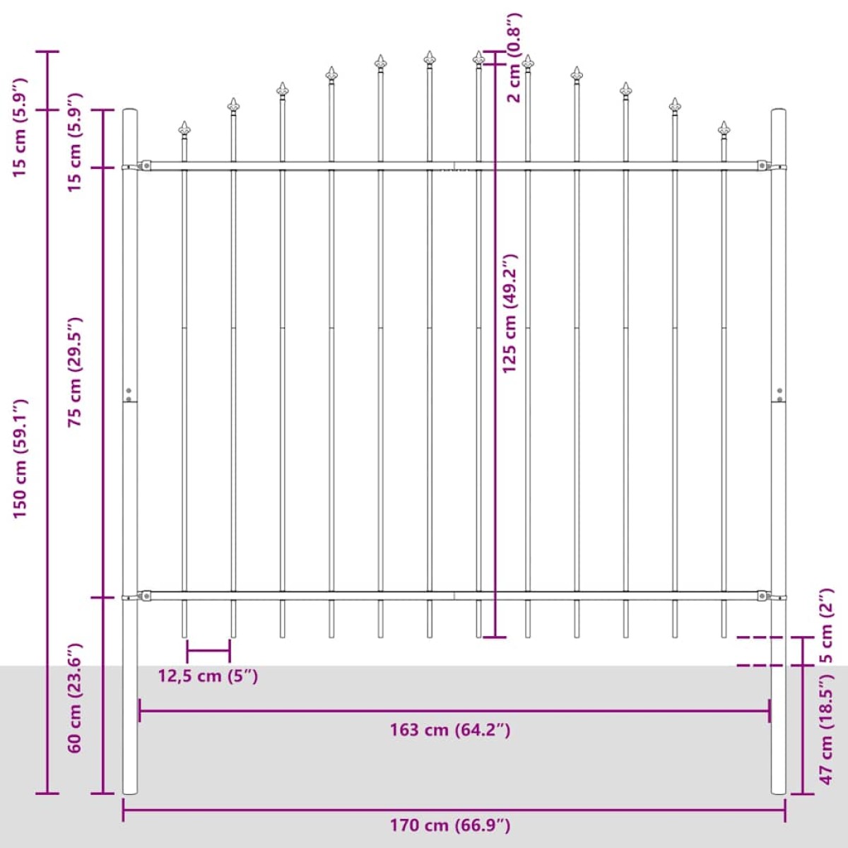 vidaXL Κάγκελα Περίφραξης με Λόγχες Μαύρα (1,-1,25) x 1,7 μ. Ατσάλινα