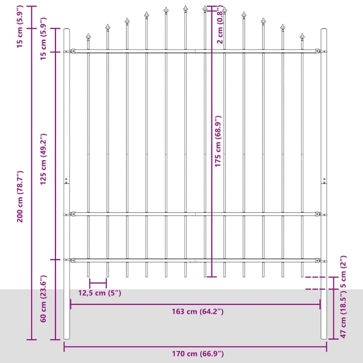 vidaXL Κάγκελα Περίφραξης με Λόγχες Μαύρα (1,5-1,75) x 1,7 μ. Ατσάλινα