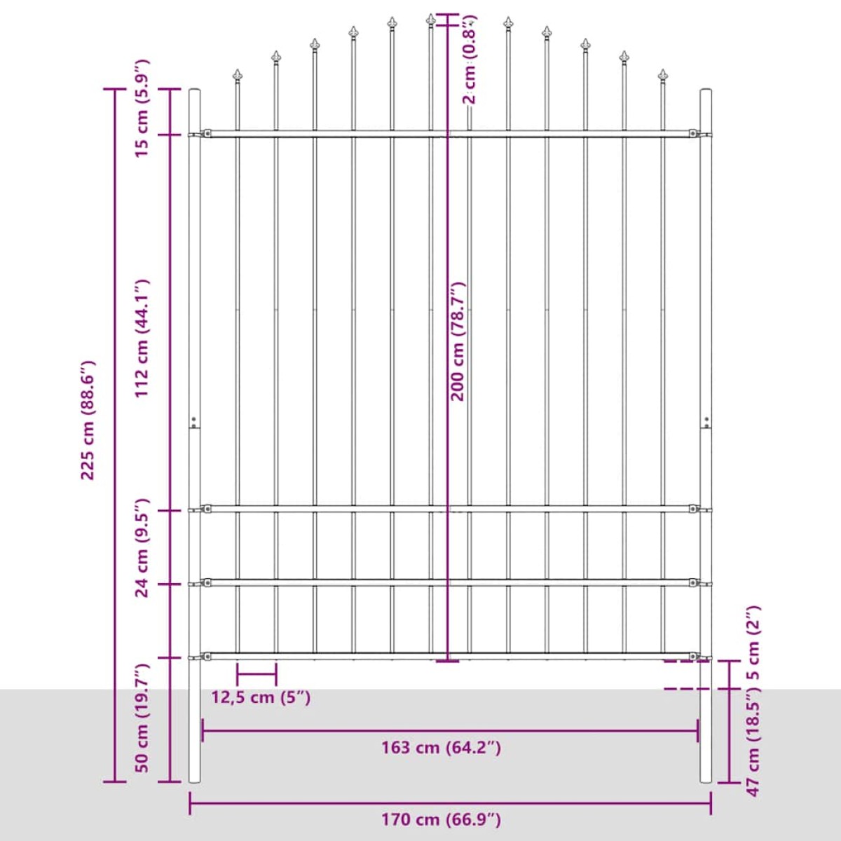 vidaXL Κάγκελα Περίφραξης με Λόγχες Μαύρα (1,75-2) x 1,7 μ. Ατσάλινα
