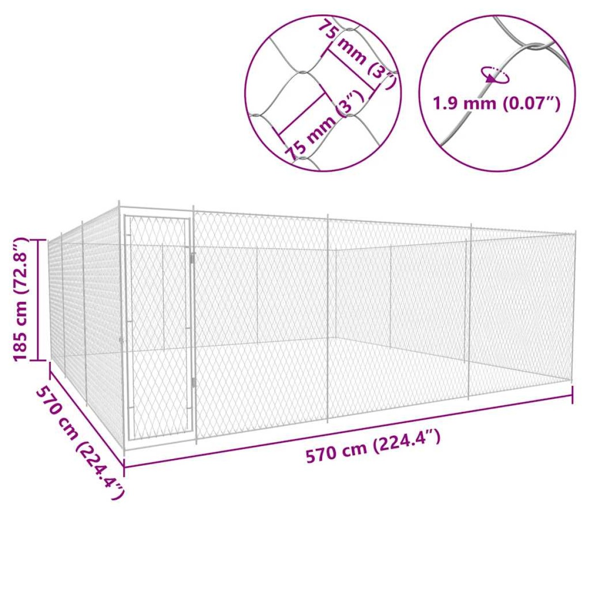 vidaXL Κλουβί Σκύλου Εξωτερικού Χώρου 570x570x185 εκ. Γαλβαν. Ατσάλι