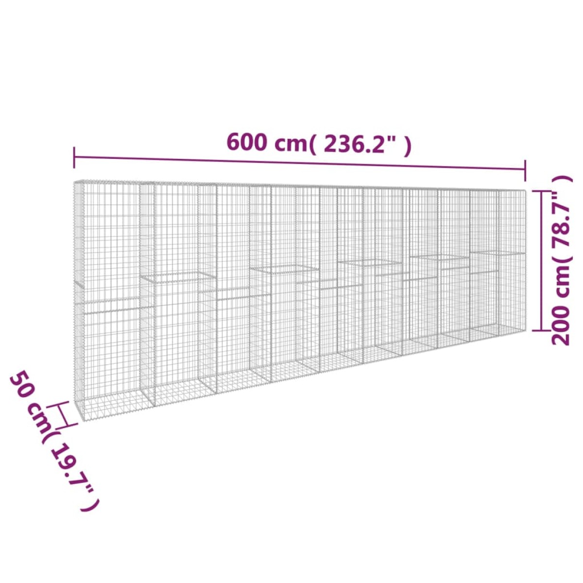 vidaXL Συρματοκιβώτιο Τοίχος 600x50x200 εκ. Γαλβαν.Χάλυβας + Κάλυμμα