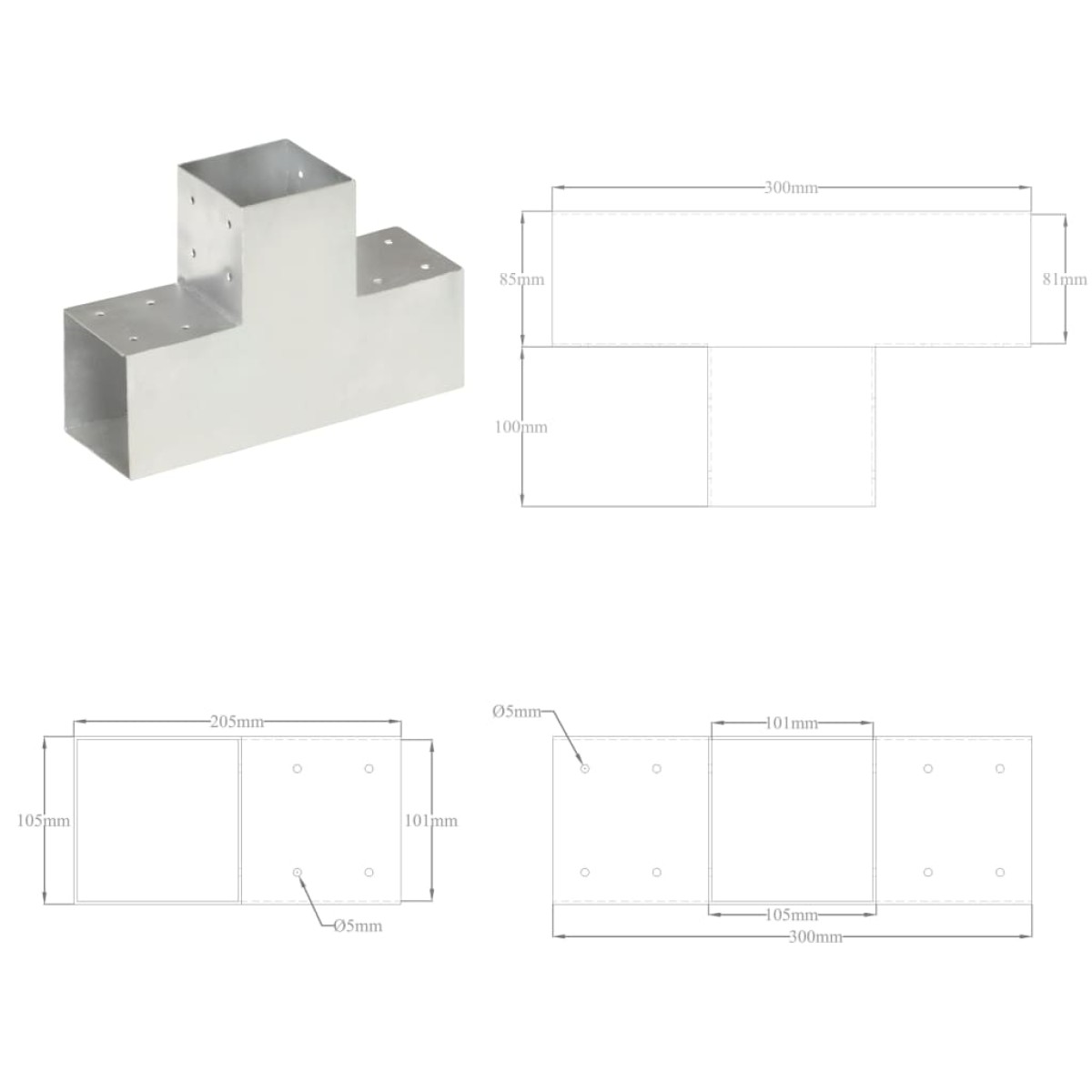 vidaXL Σύνδεσμος Στύλου Σχήματος T 101x101 χιλ. από Γαλβανισμ. Μέταλλο