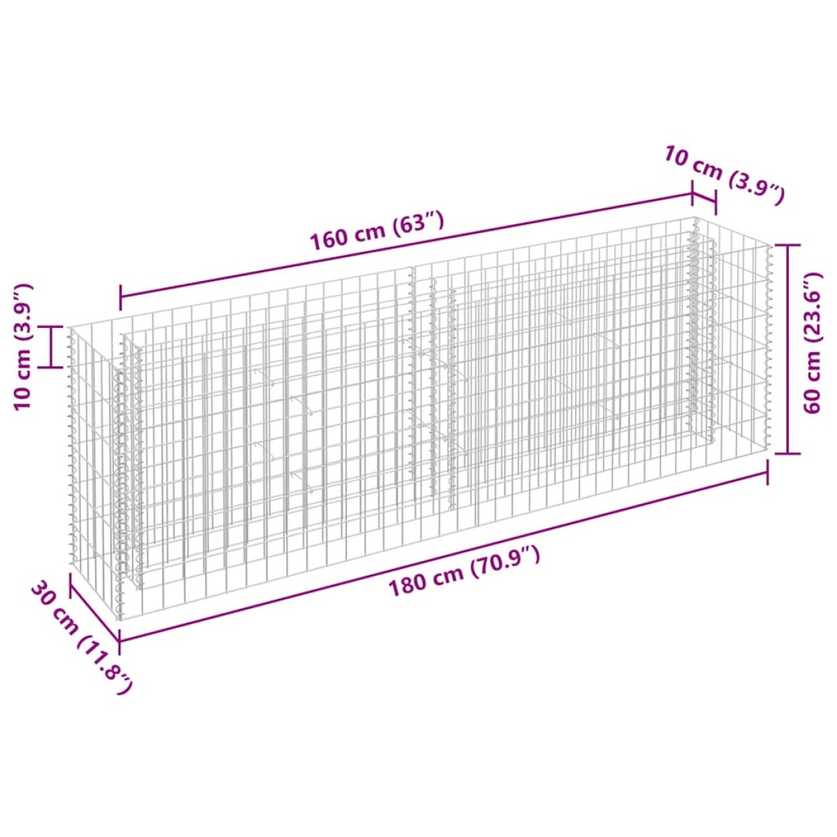 vidaXL Συρματοκιβώτιο-Γλάστρα Υπερυψωμένη 180x30x60 εκ. Γαλβ. Χάλυβας