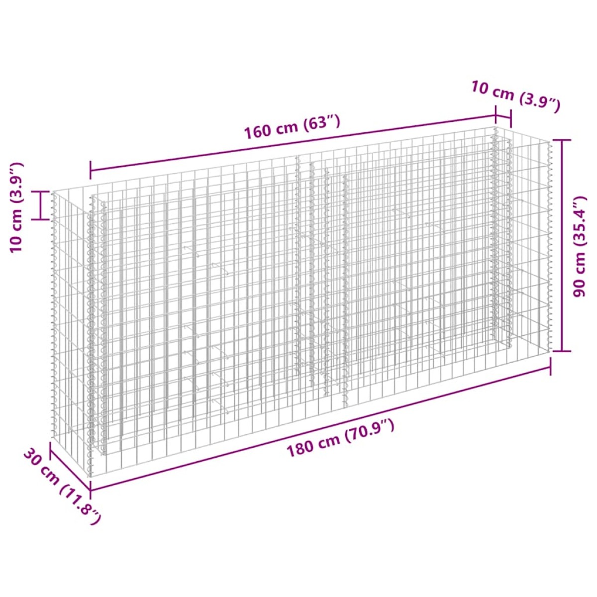 vidaXL Συρματοκιβώτιο-Γλάστρα Υπερυψωμένη 180x30x90 εκ. Γαλβ. Χάλυβας