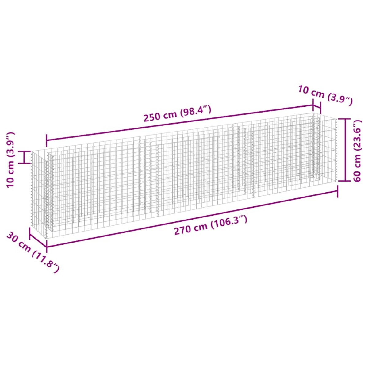 vidaXL Συρματοκιβώτιο-Γλάστρα Υπερυψωμένη 270x30x60 εκ. Γαλβ. Χάλυβας