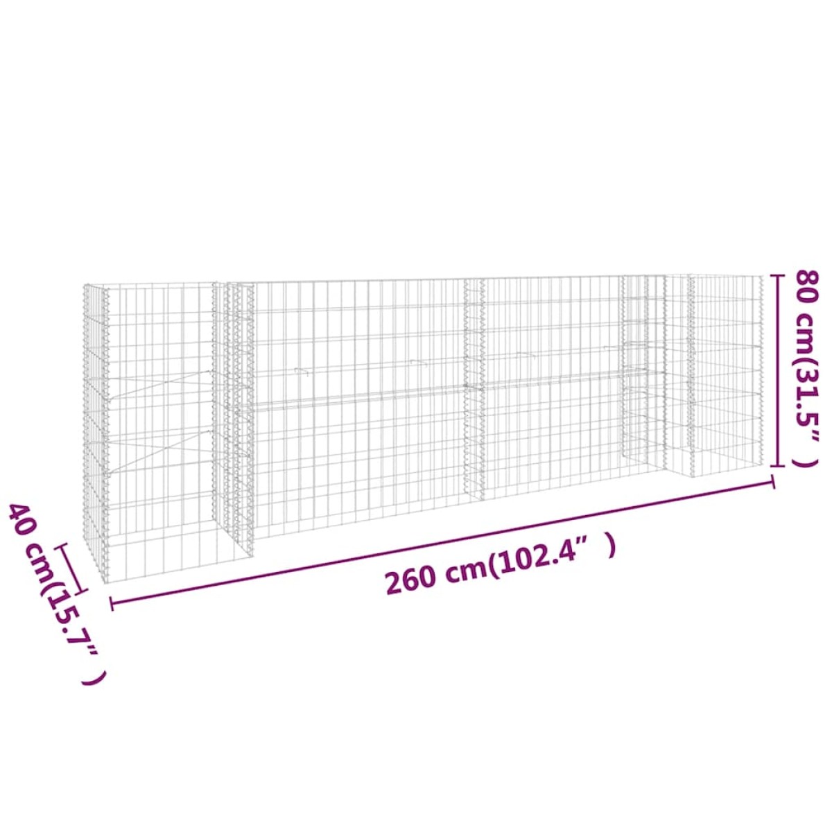 vidaXL Συρματοκιβώτιο Γλάστρα Σχήμα «Η» 260x40x80 εκ. Ατσάλινο Σύρμα
