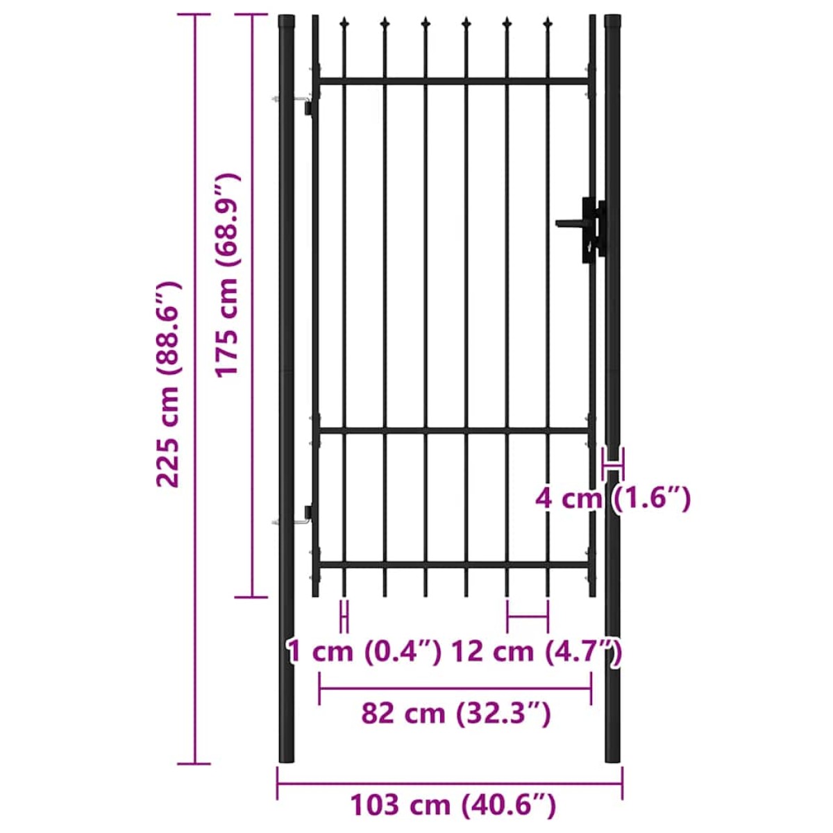 vidaXL Καγκελόπορτα Μονή με Ακίδες Μαύρη 1 x 1,75 μ. Ατσάλινη