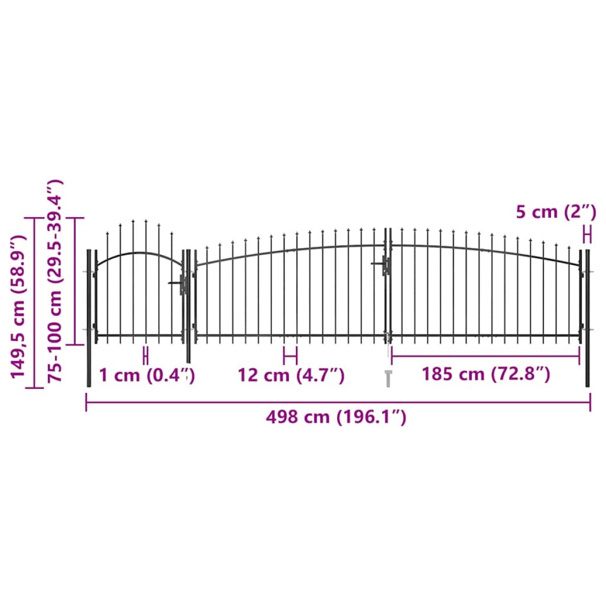 vidaXL Καγκελόπορτα με Λόγχες Μαύρη 5 x 1,5 μ.
