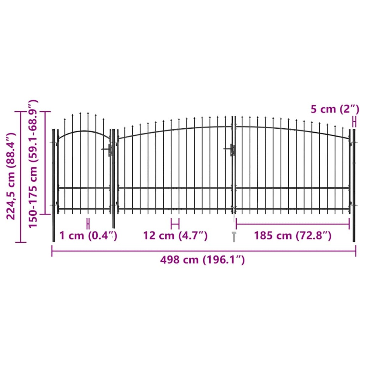 vidaXL Καγκελόπορτα με Λόγχες Μαύρη 5 x 2,25 μ.