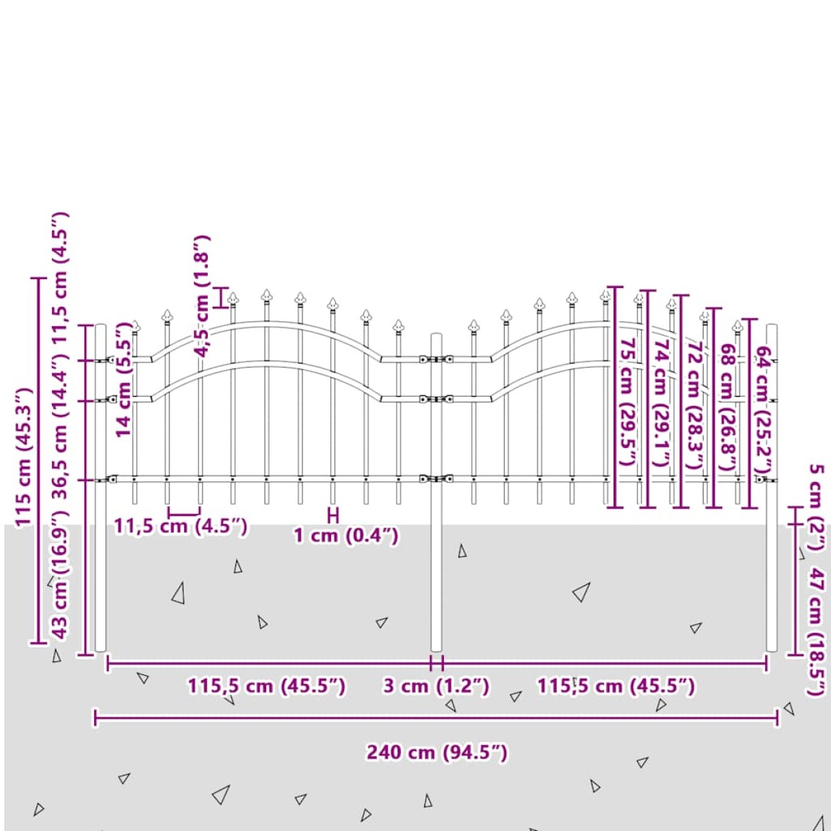 vidaXL Φράχτης με Ακίδες Μαύρος 115 εκ. Ατσάλι Ηλεκτροστ. Βαφή Πούδρας