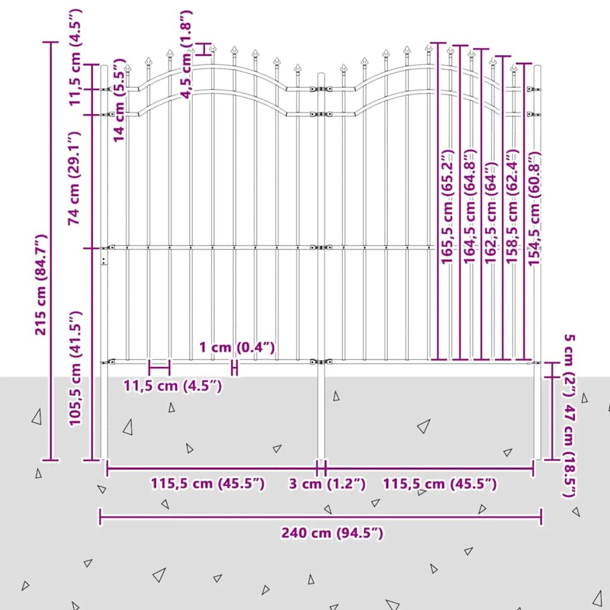 vidaXL Φράχτης με Ακίδες Μαύρος 222 εκ. Ατσάλι Ηλεκτροστ. Βαφή Πούδρας