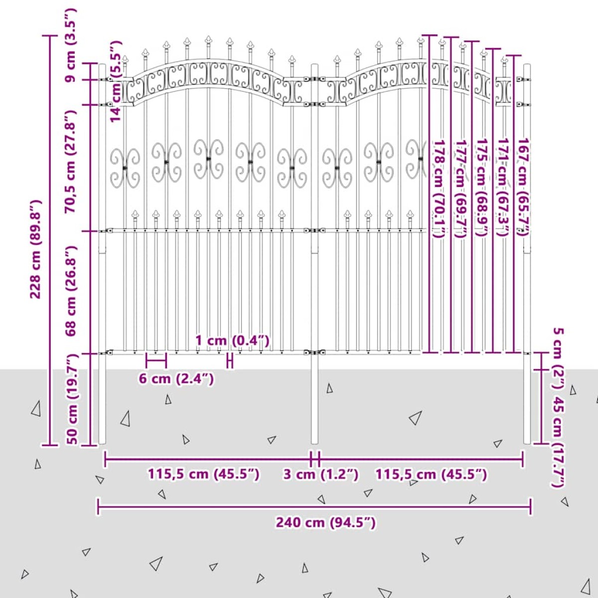vidaXL Φράχτης με Ακίδες Μαύρος 222 εκ. Ατσάλι Ηλεκτροστ. Βαφή Πούδρας