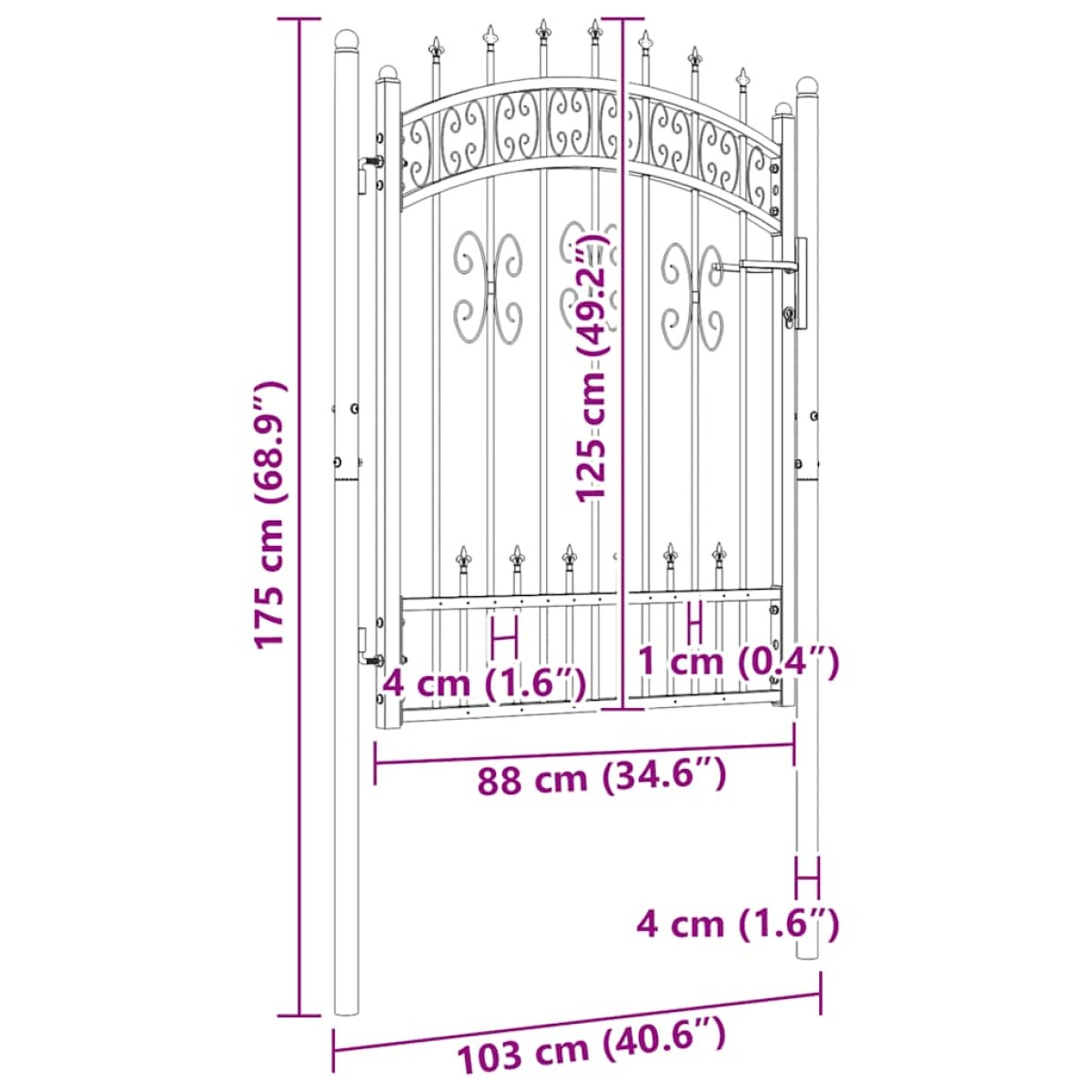 vidaXL Πόρτα Φράχτη με Ακίδες Μαύρη 103x175 εκ. Ατσάλι με Ηλεκτρ. Βαφή