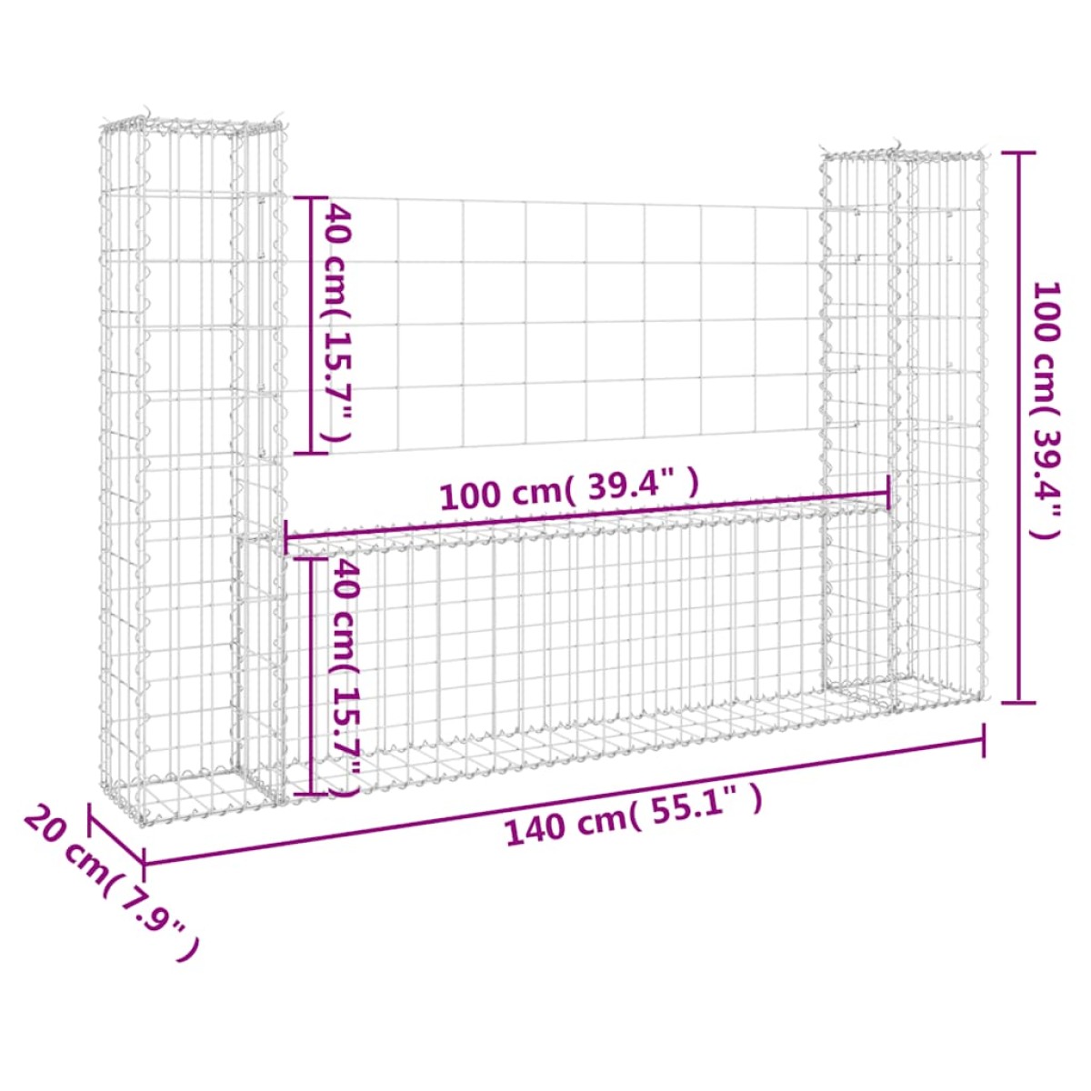 vidaXL Συρματοκιβώτιο σε U Σχήμα με 2 Στύλους 140x20x100 εκ Σιδερένιο