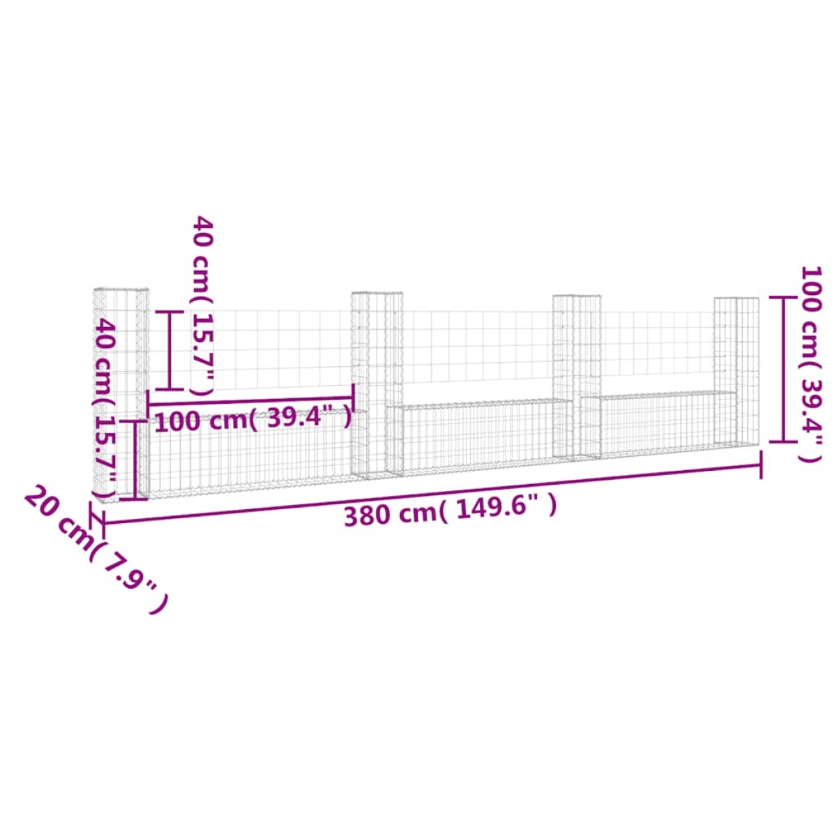 vidaXL Συρματοκιβώτια Στύλοι σε U Σχήμα 4 τεμ. 380x20x100 εκ Σιδερένια