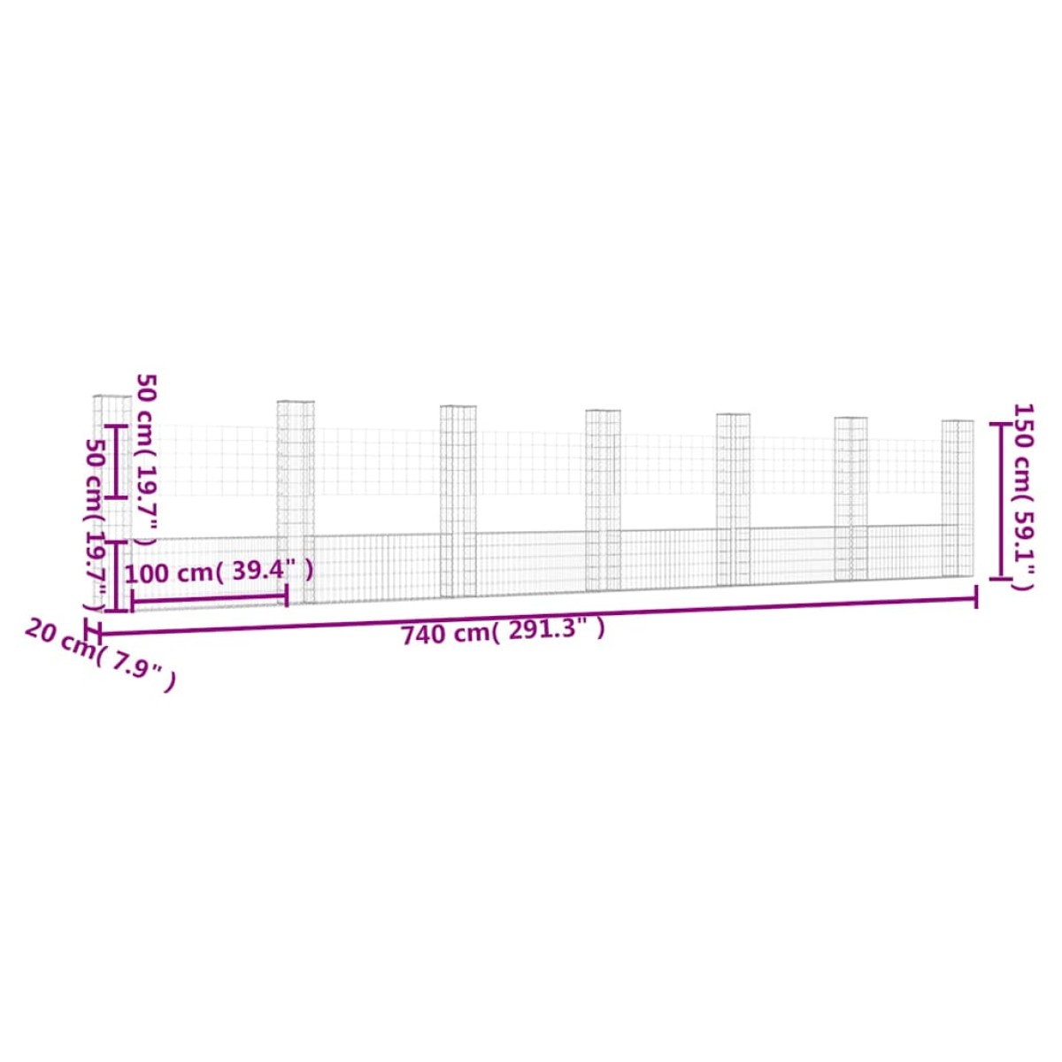 vidaXL Συρματοκιβώτιο σε U Σχήμα με 7 Στύλους 740x20x150 εκ Σιδερένιο