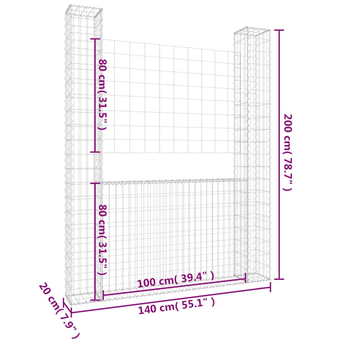 vidaXL Συρματοκιβώτιο σε U Σχήμα με 2 Στύλους 140x20x200 εκ Σιδερένιο