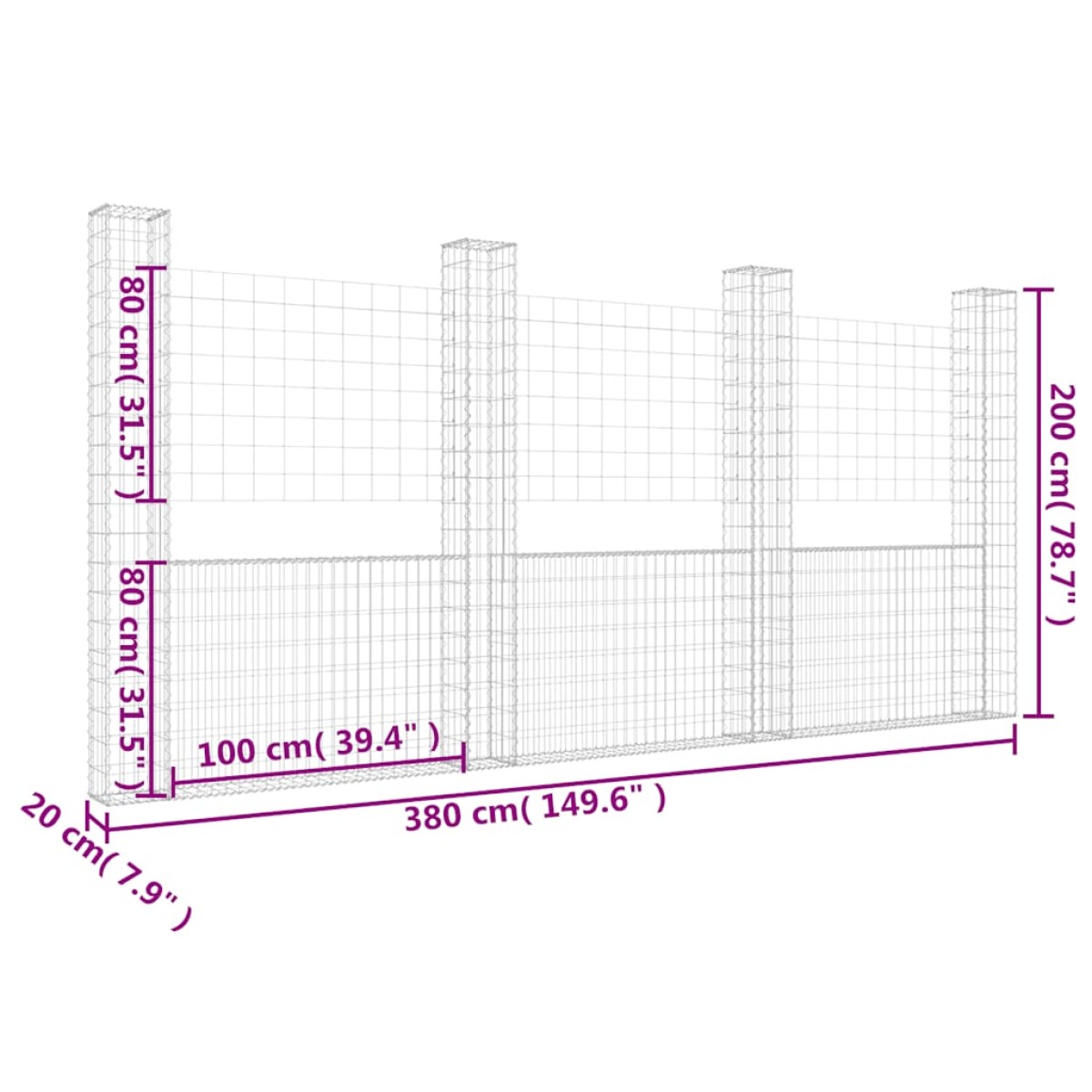 vidaXL Συρματοκιβώτιο σε U Σχήμα με 4 Στύλους 380x20x200 εκ. Σιδερένιο