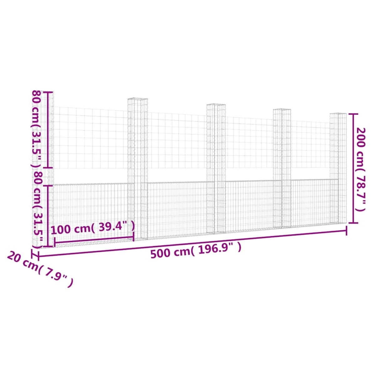 vidaXL Συρματοκιβώτιο σε U Σχήμα με 5 Στύλους 500x20x200 εκ Σιδερένιο