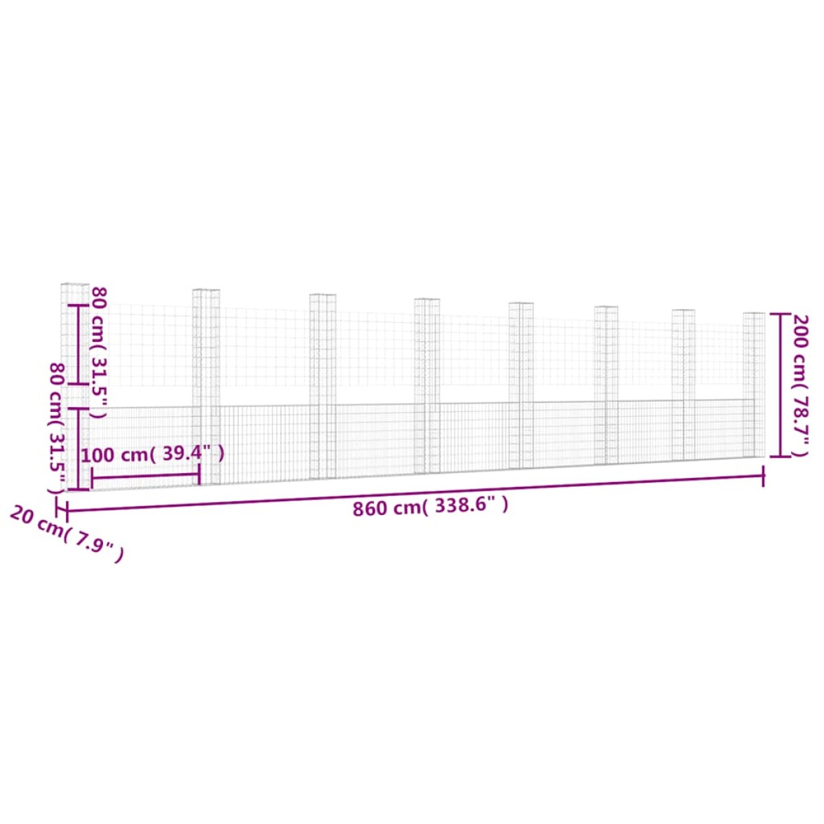 vidaXL Συρματοκιβώτιο σε U Σχήμα με 8 Στύλους 860x20x200 εκ. Σιδερένιο