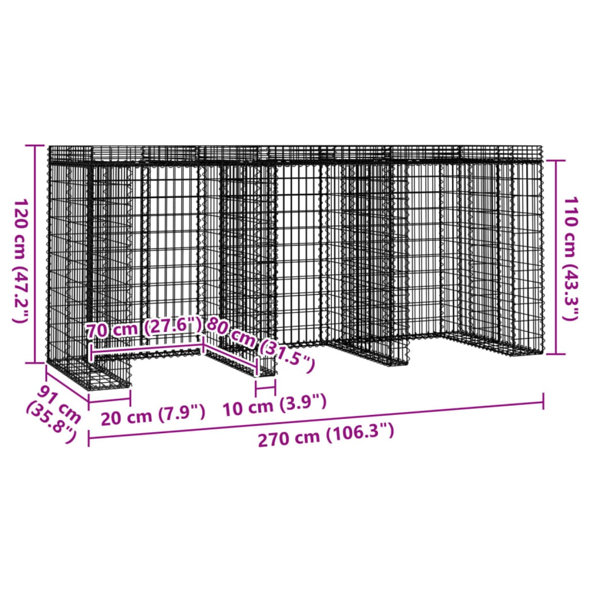 vidaXL Συρματοκιβώτιο Τοίχου Κάδου Απορ. 270x91x120 εκ Γαλβαν. Σίδηρος